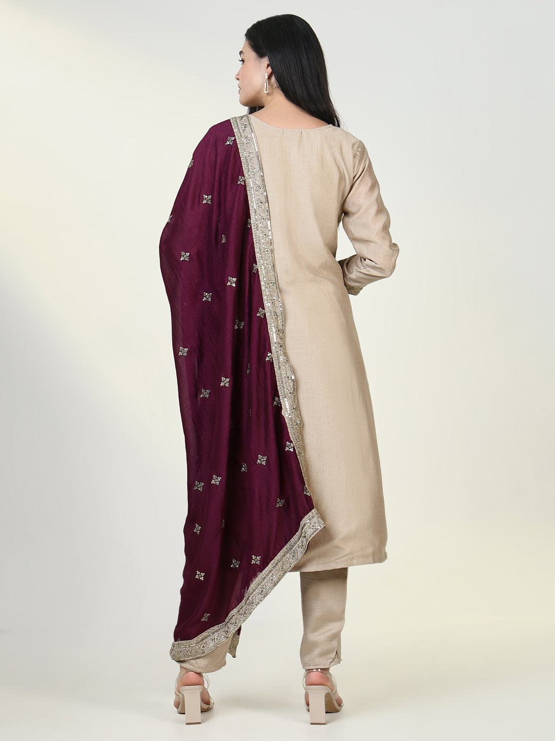 Women Embroidered Beige Kurta Set with Dupatta