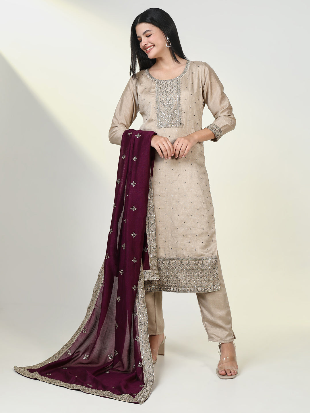 Women Embroidered Beige Kurta Set with Dupatta