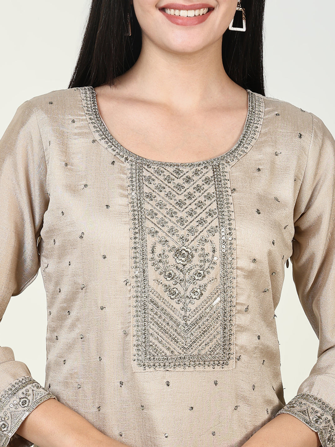 Women Embroidered Beige Kurta Set with Dupatta