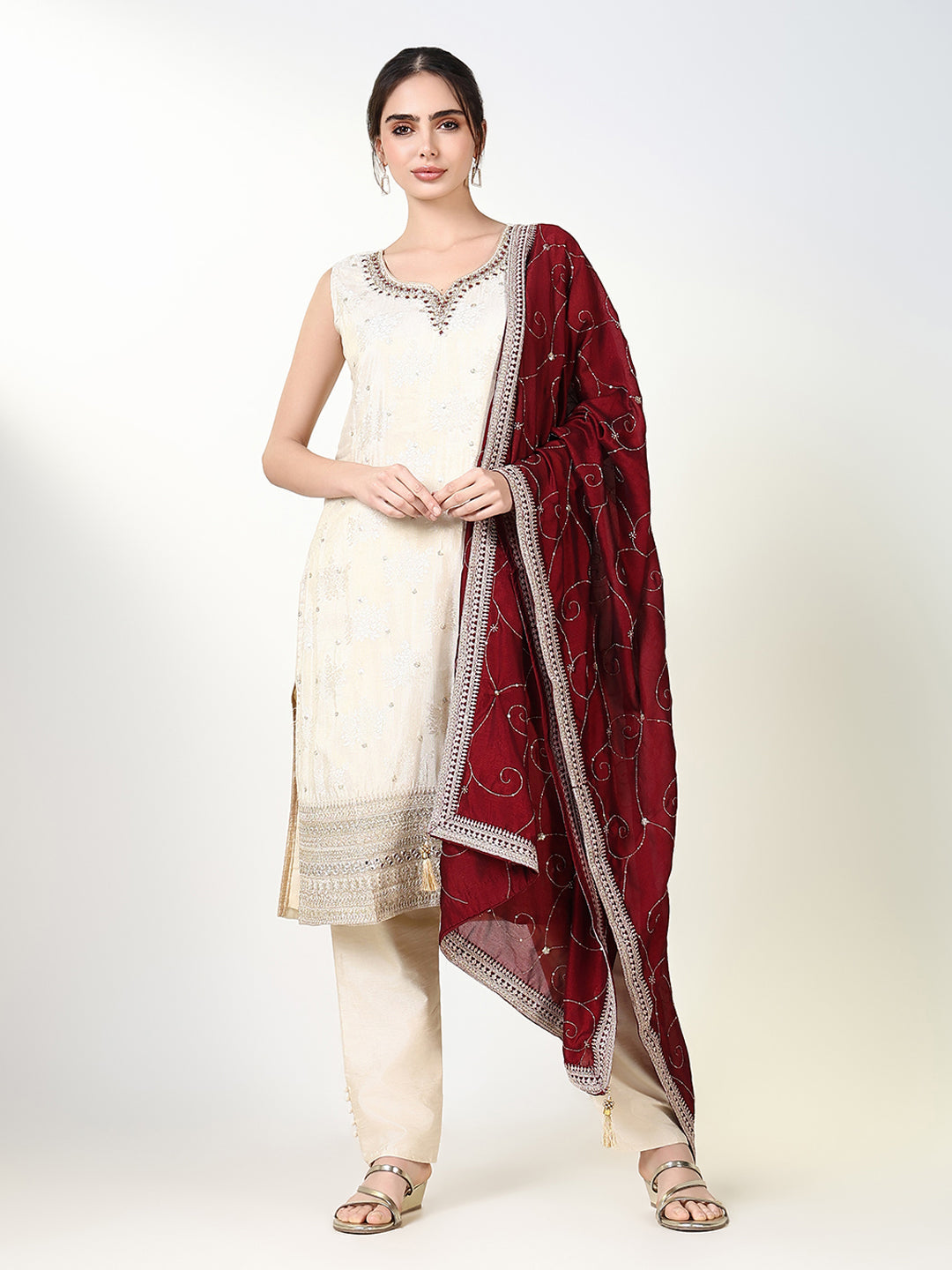 Women Solid Cream Straight Kurta Set with Dupatta