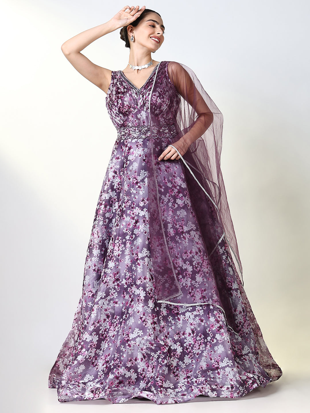 Women Purple Floral Ethnic Gown Dress with Belt and Dupatta