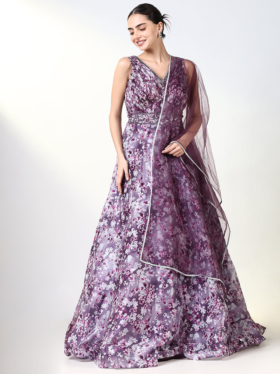 Women Purple Floral Ethnic Gown Dress with Belt and Dupatta