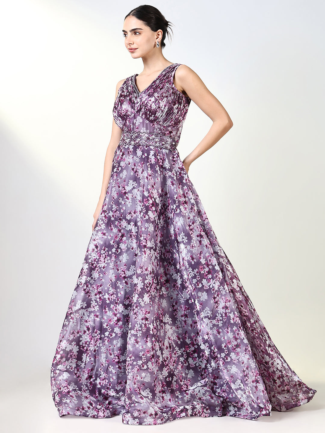 Women Purple Floral Ethnic Gown Dress with Belt and Dupatta