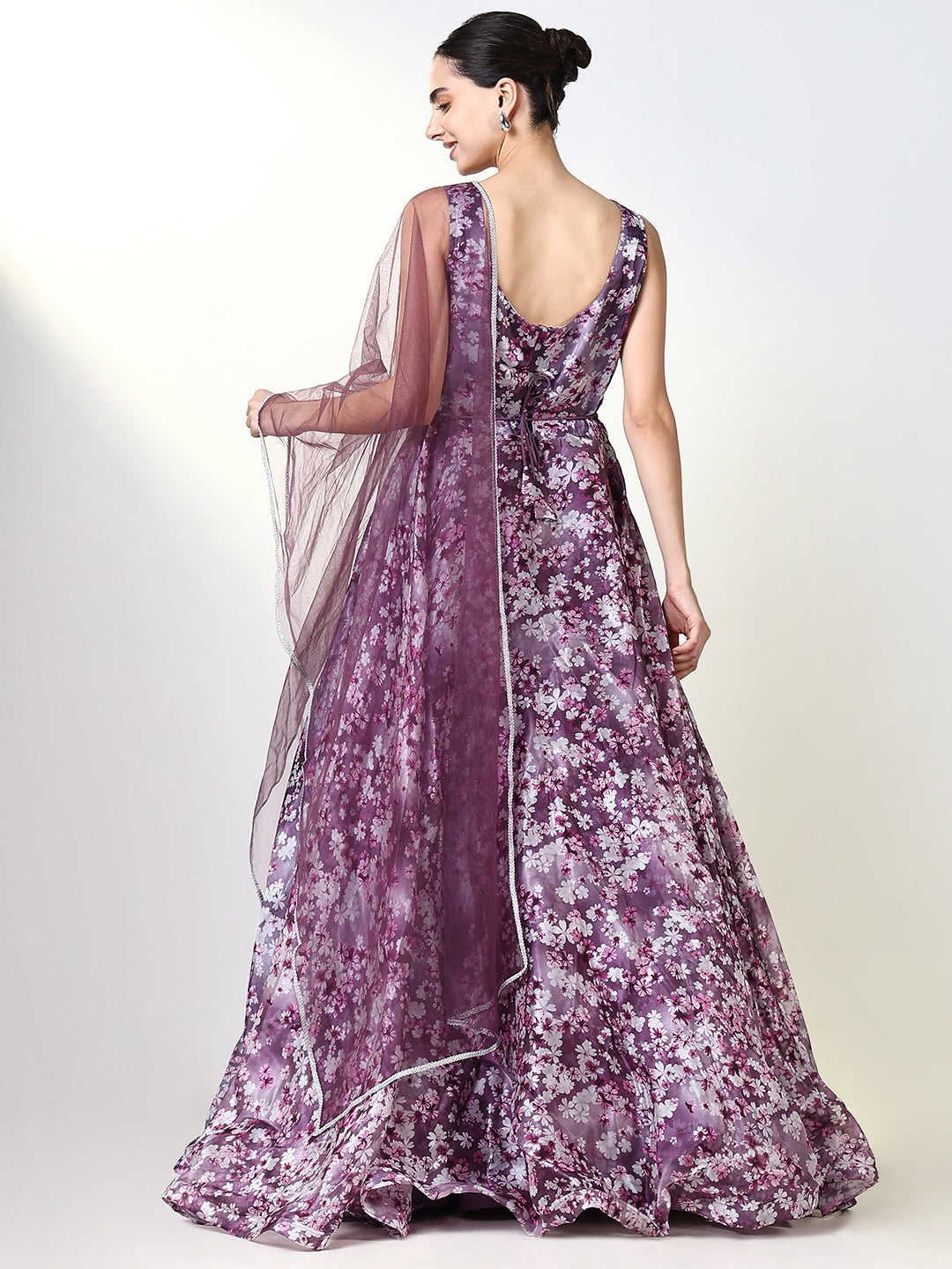 Women Purple Floral Ethnic Gown Dress with Belt and Dupatta