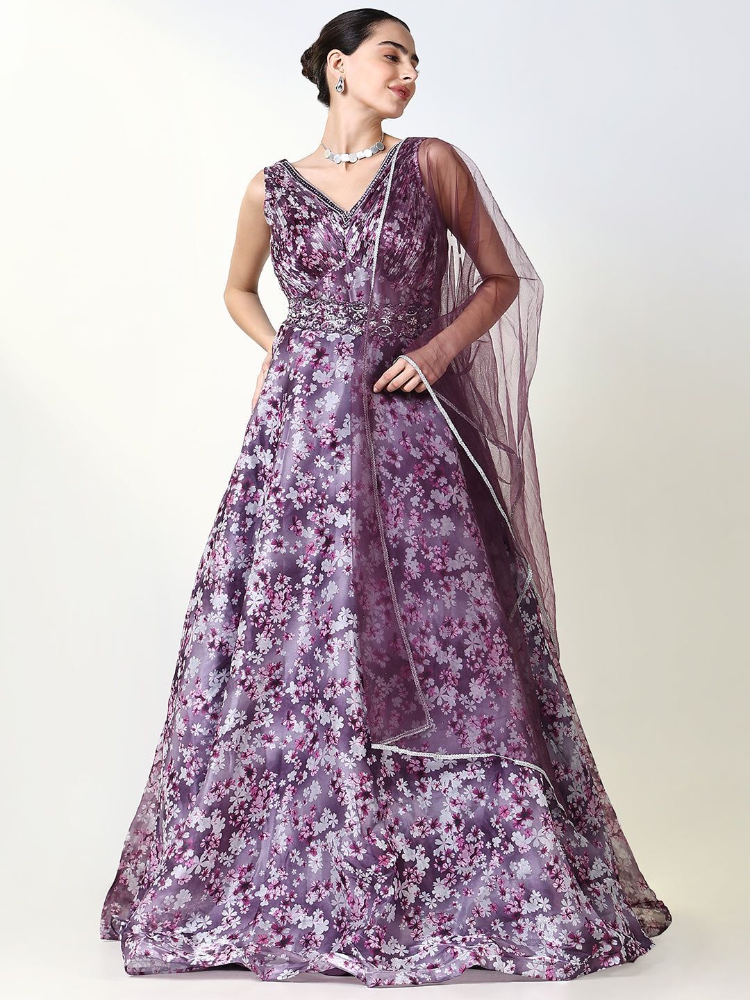 Women Purple Floral Ethnic Gown Dress with Belt and Dupatta