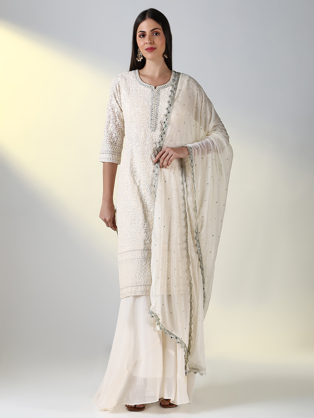 Women Cream Solid Straight Kurta Set with Dupatta