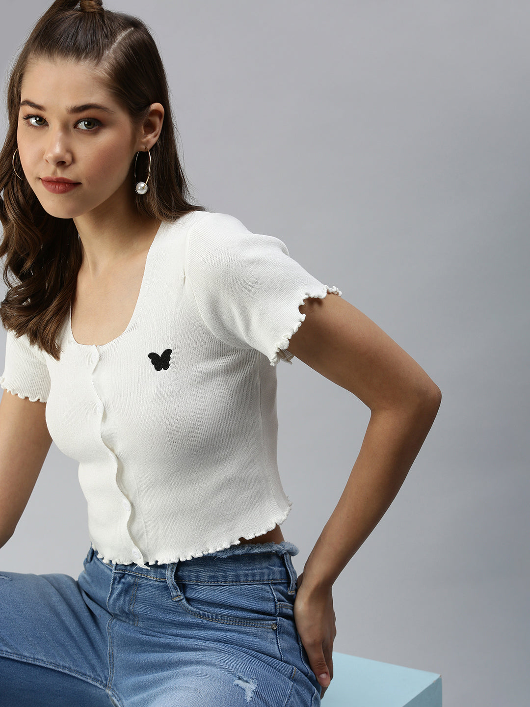 Women's Solid Off White Fitted Top