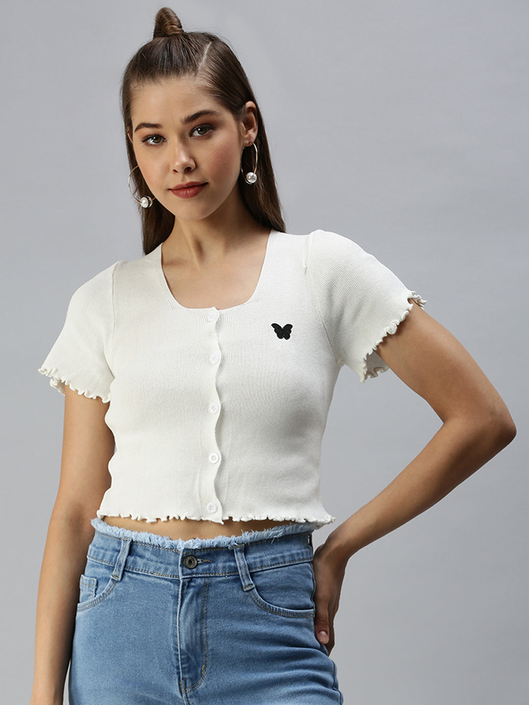 Women's Solid Off White Fitted Top