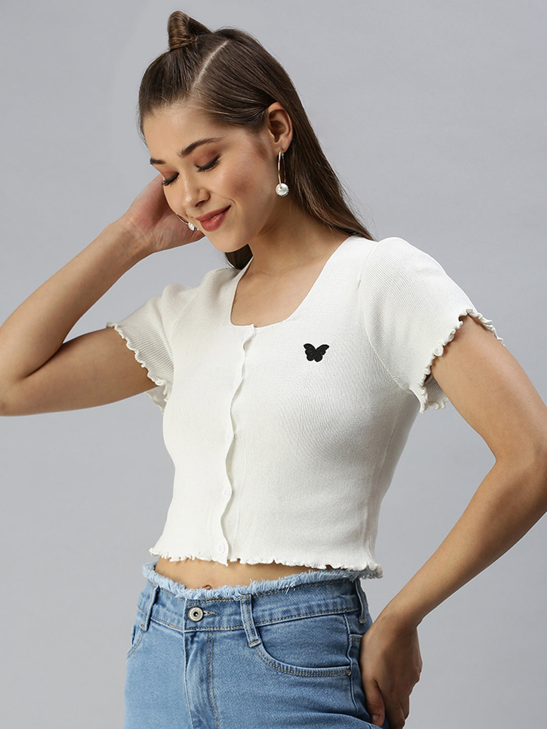 Women's Solid Off White Fitted Top