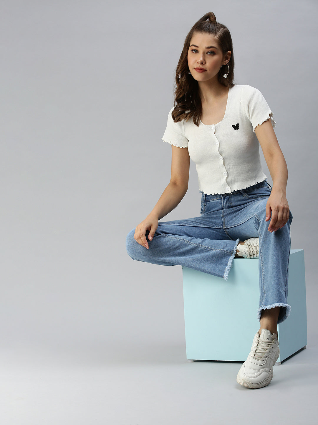 Women's Solid Off White Fitted Top