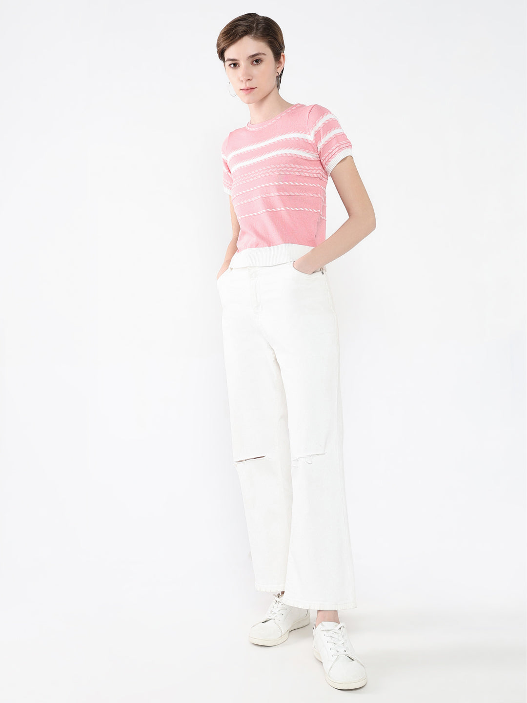 Women Striped Pink Top