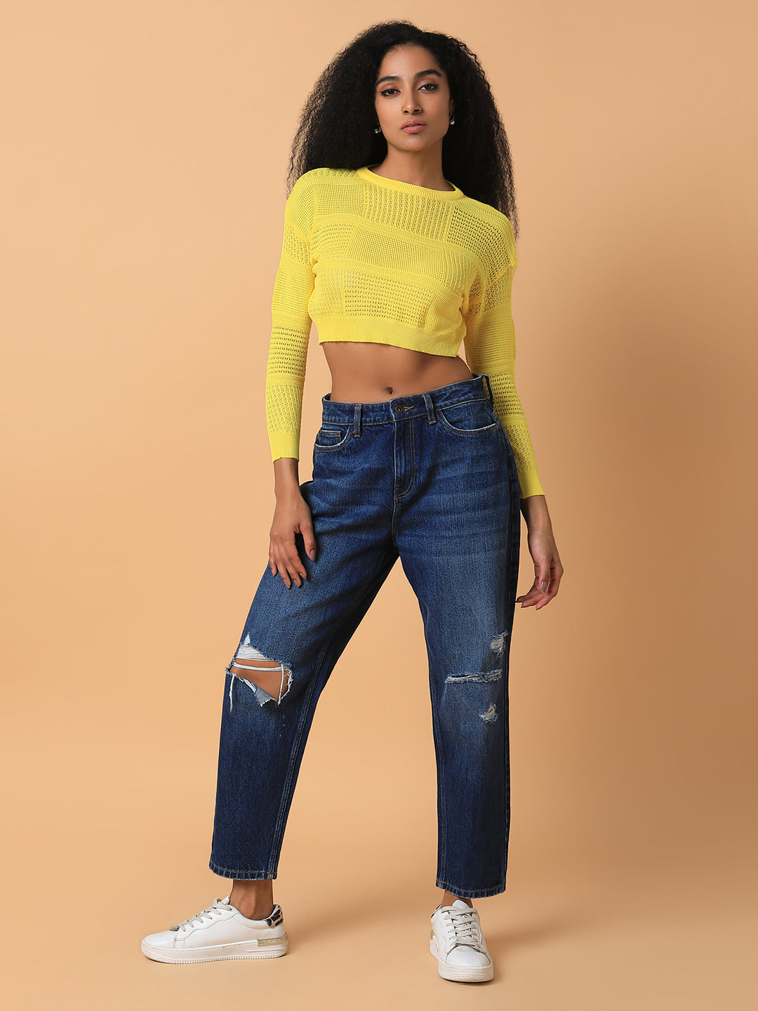 Women Solid Yellow Crochet Crop Top