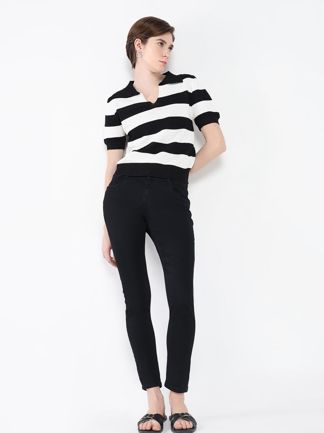 Women Striped Black Top