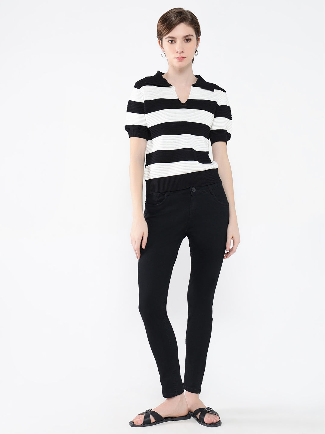 Women Striped Black Top