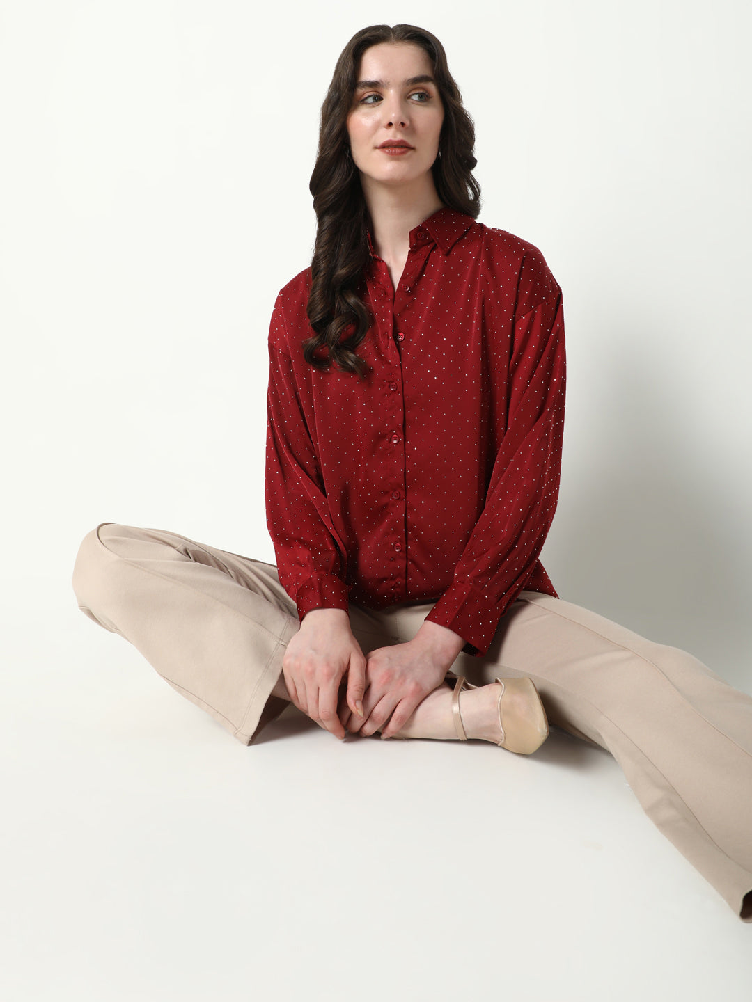 Women Red Solid Oversized Shirt