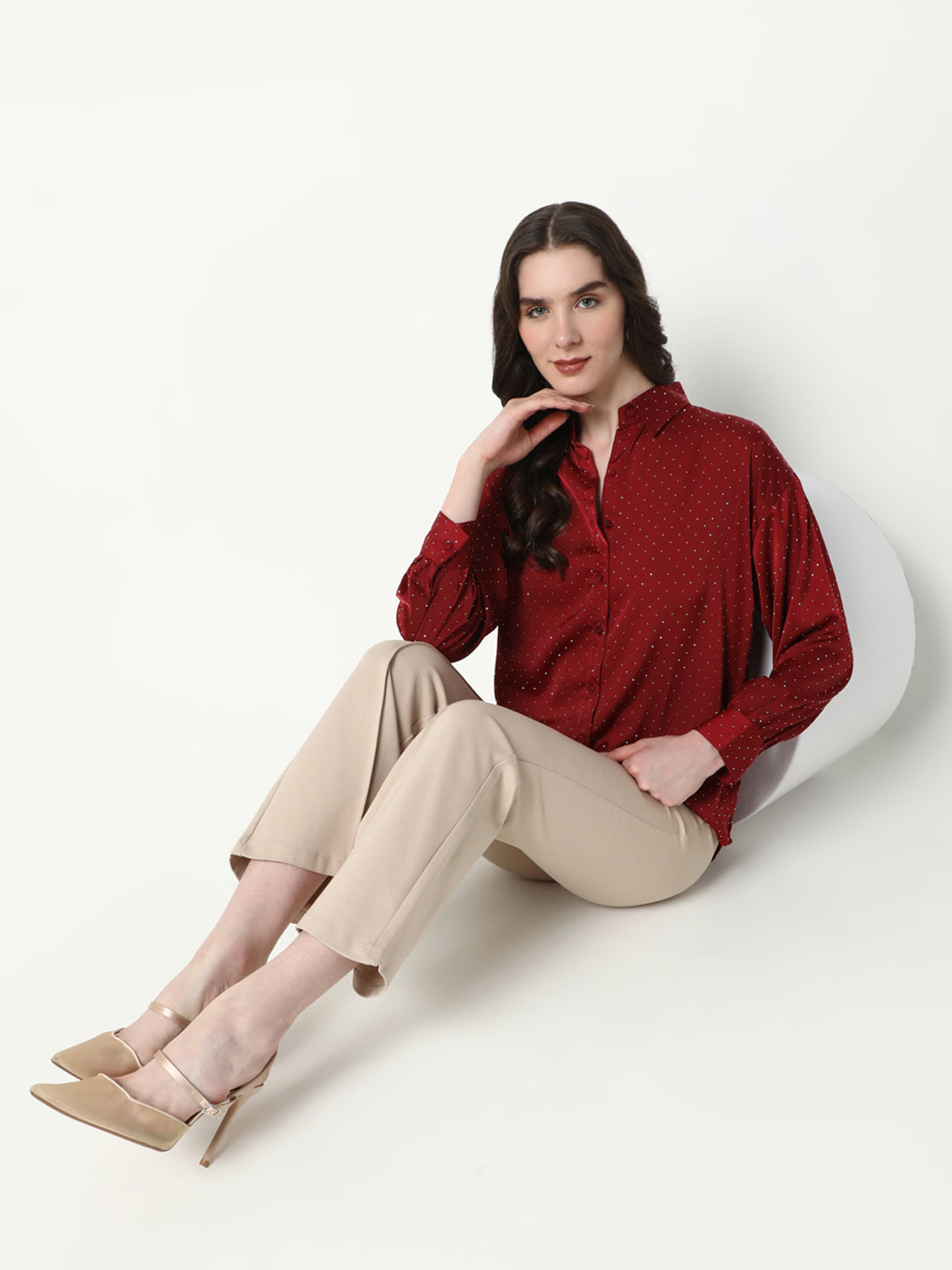 Women Red Solid Oversized Shirt