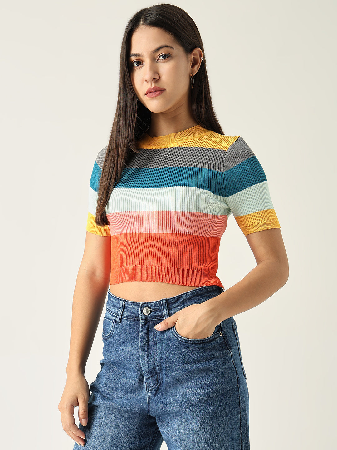 Women Striped Multi Fitted Top