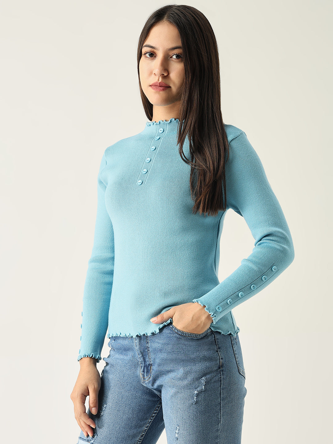 Women Solid Blue Fitted Top