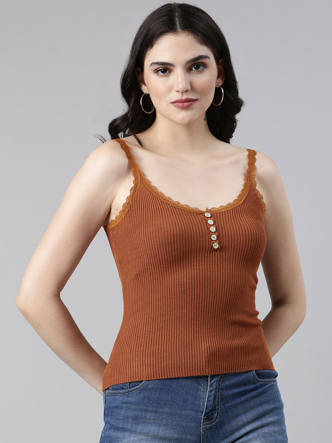 Women's Shoulder Straps Solid Brown Top