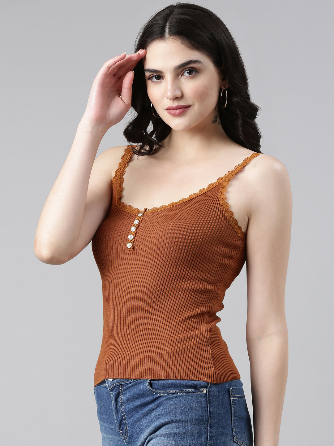 Women's Shoulder Straps Solid Brown Top