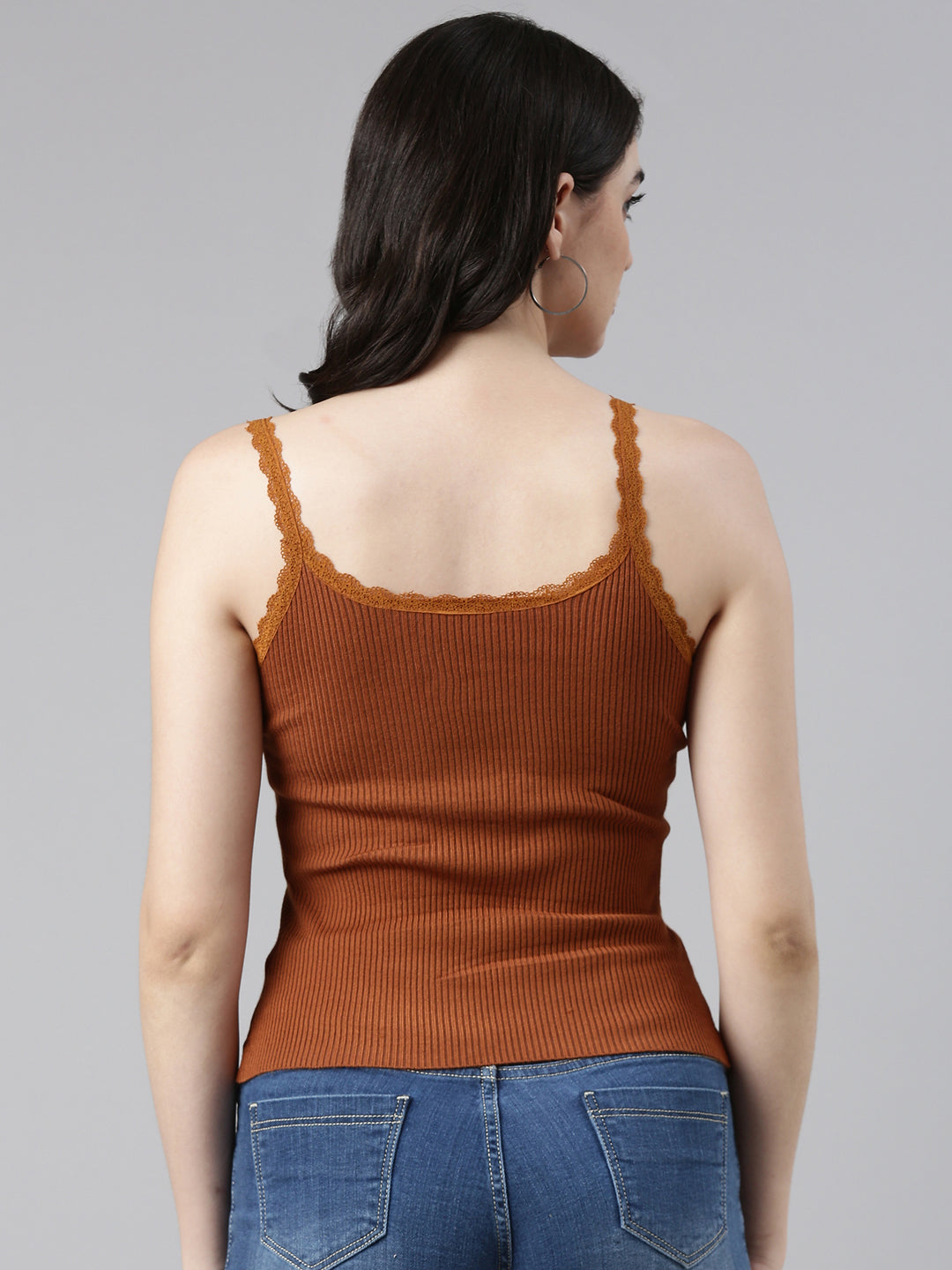 Women's Shoulder Straps Solid Brown Top