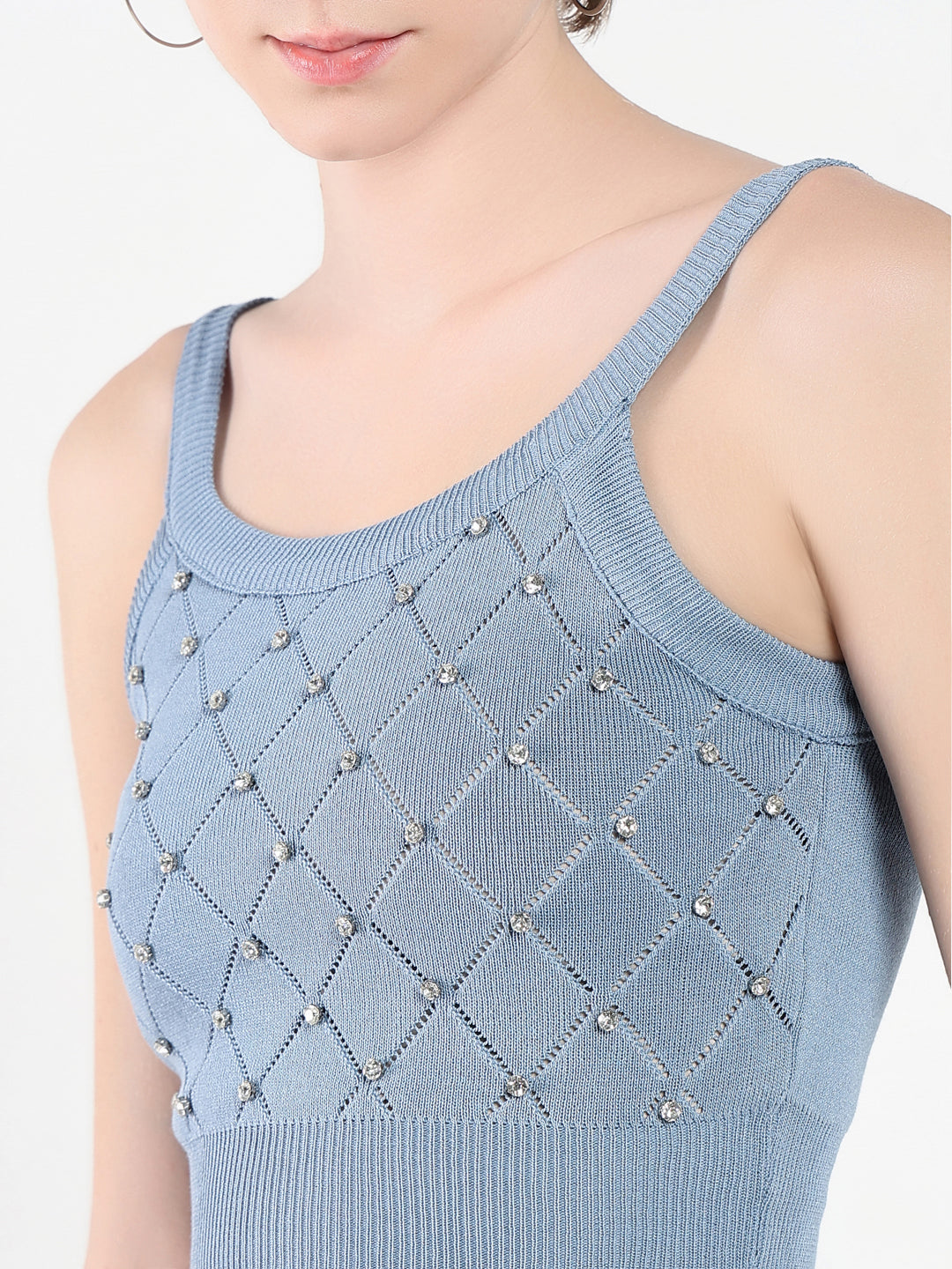 Women Embellished Blue Tank Top