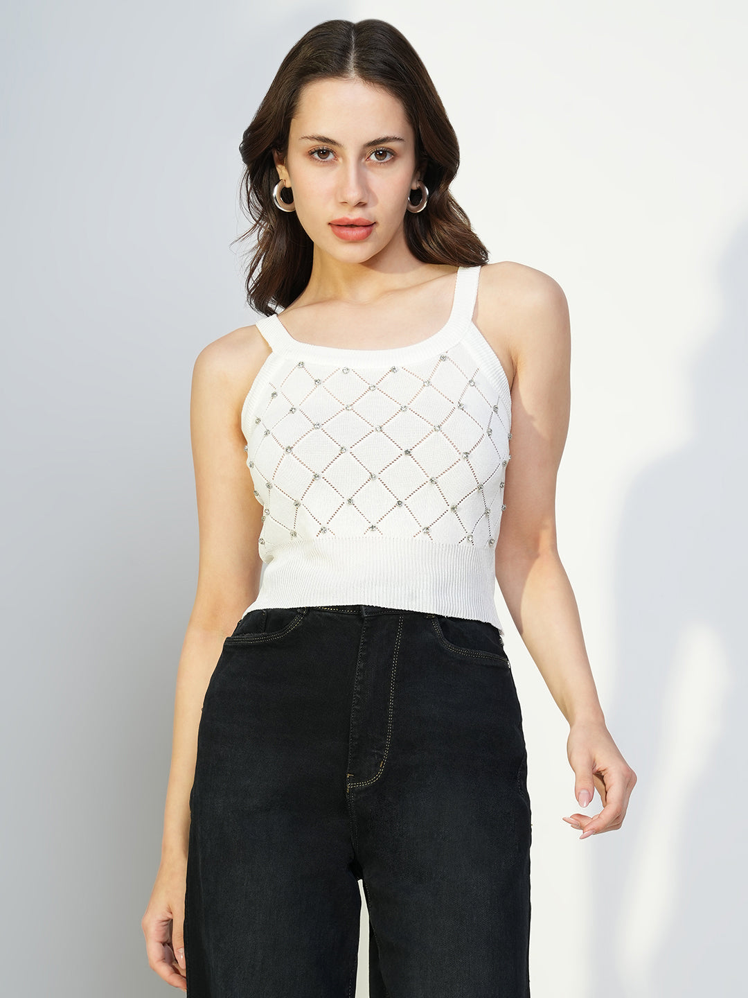 Women Embellished White Fitted Crop Top