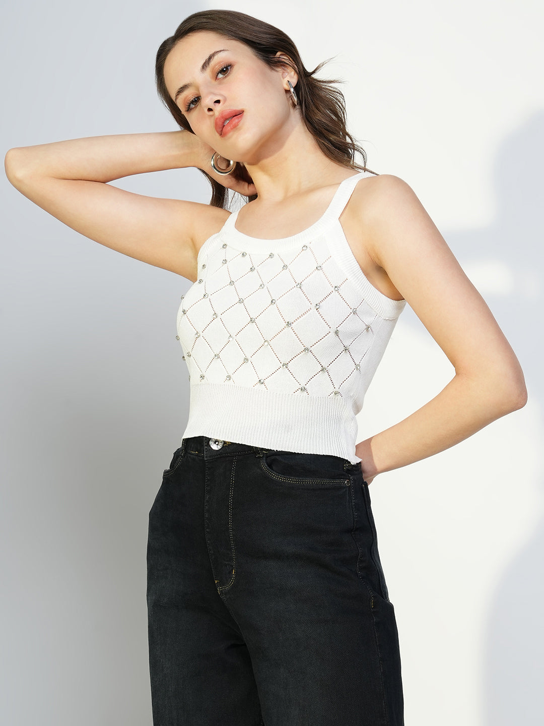 Women Embellished White Fitted Crop Top