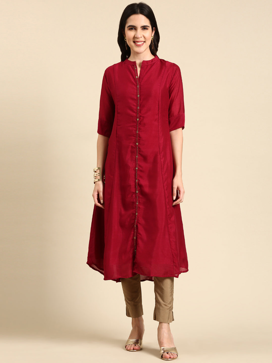 Women's Mandarin Collar Embellished Burgundy Anarkali Kurta