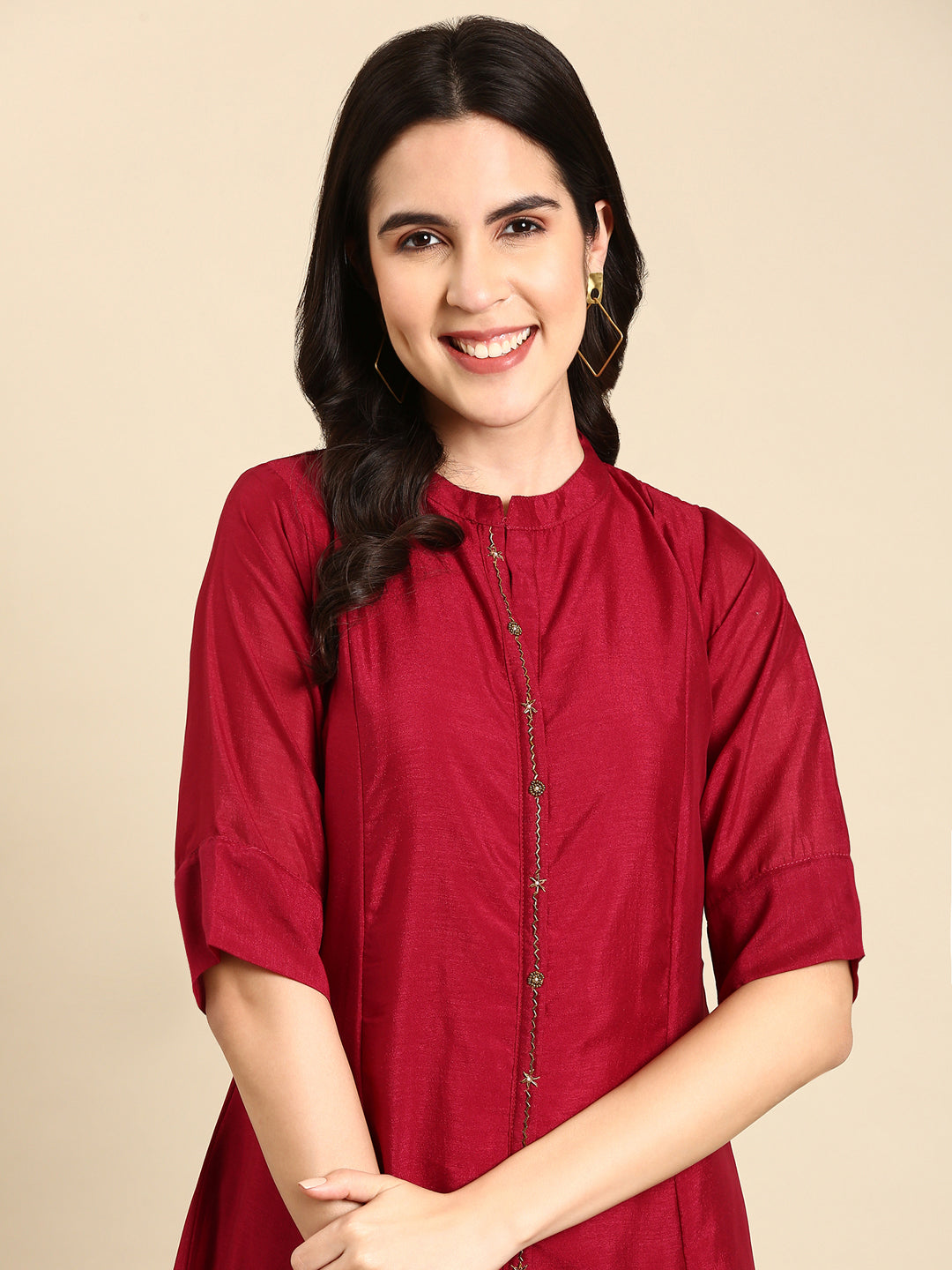 Women's Mandarin Collar Embellished Burgundy Anarkali Kurta