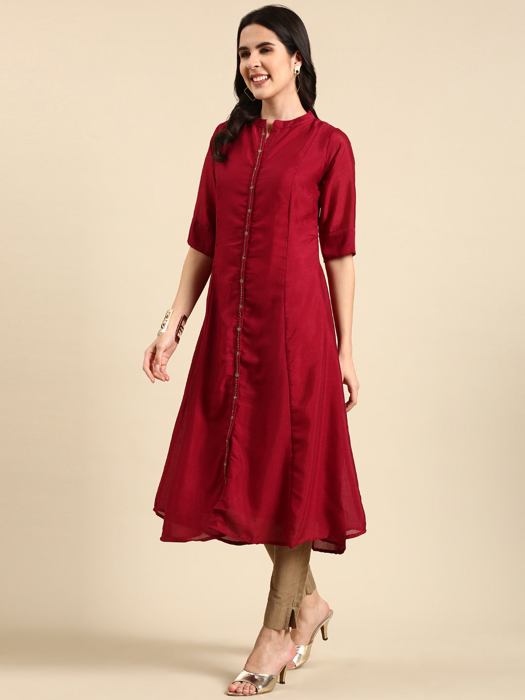 Women's Mandarin Collar Embellished Burgundy Anarkali Kurta
