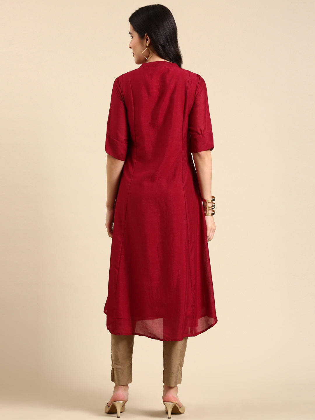 Women's Mandarin Collar Embellished Burgundy Anarkali Kurta