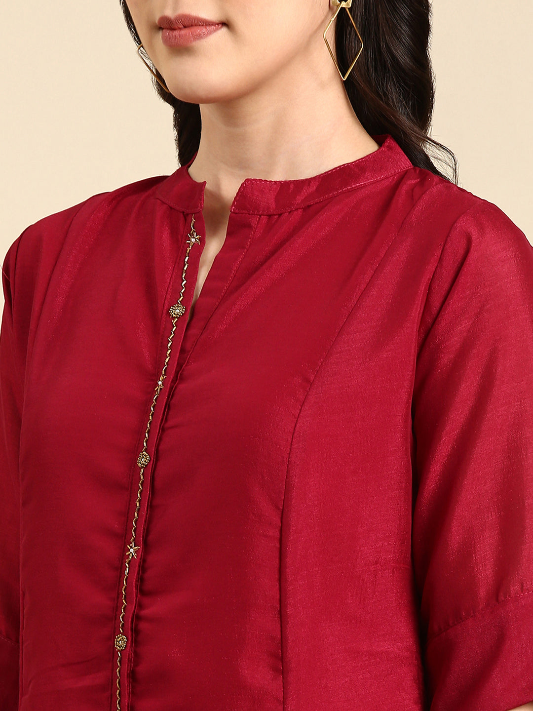Women's Mandarin Collar Embellished Burgundy Anarkali Kurta