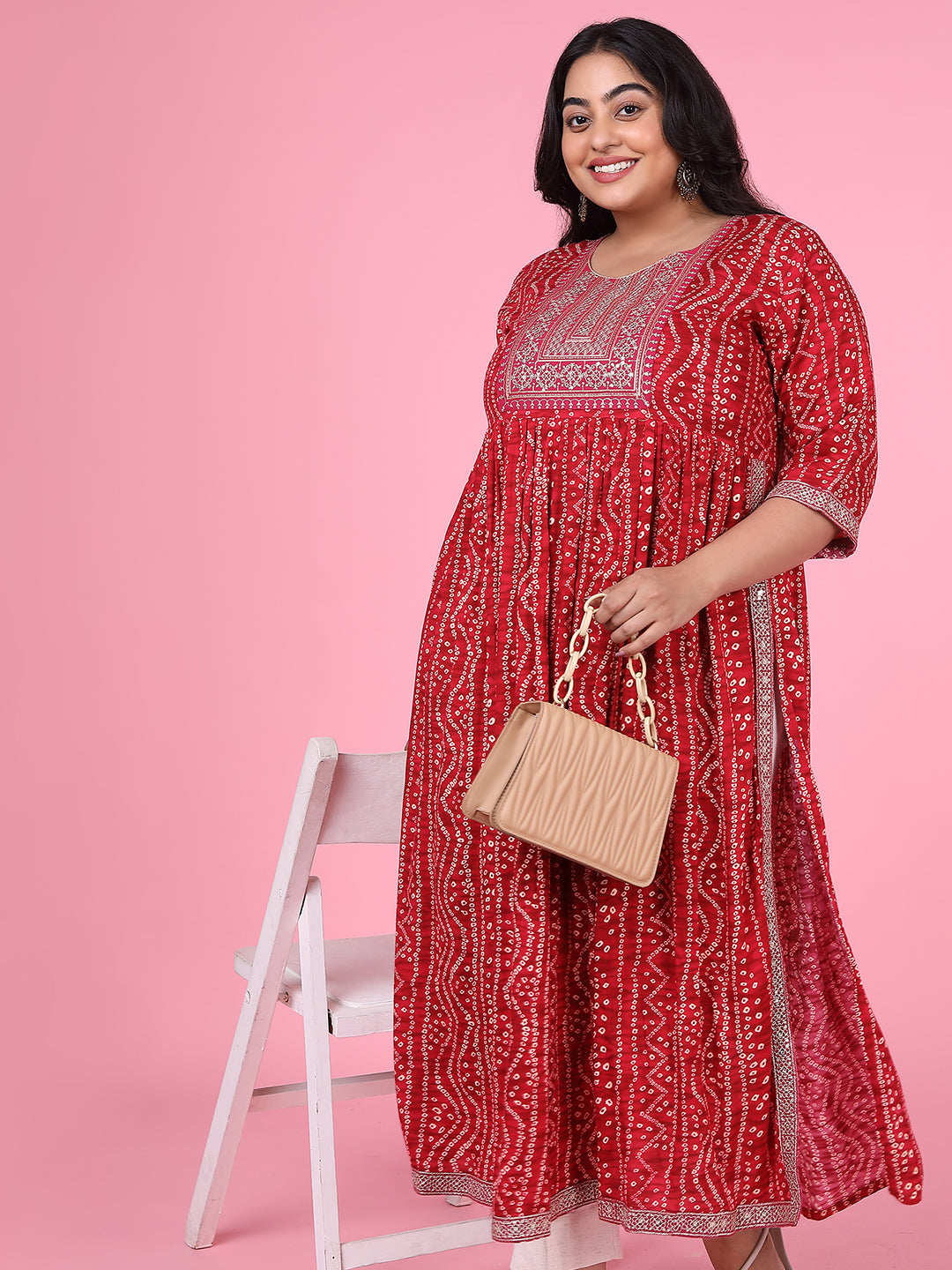 Women Red Bandhani A Line Kurta