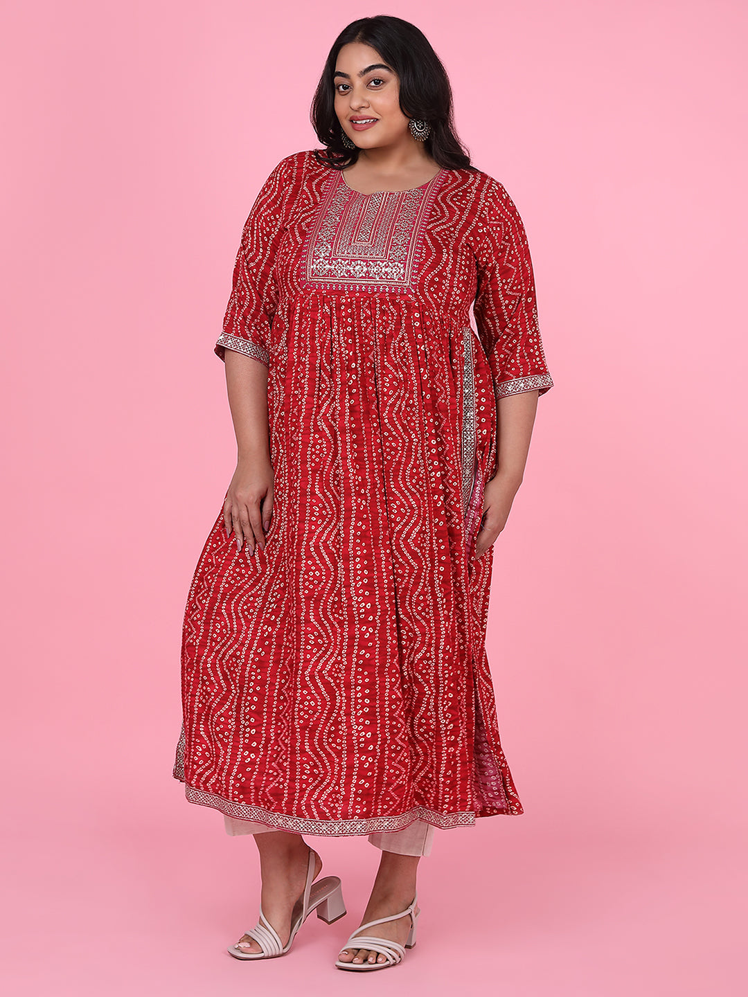 Women Red Bandhani A Line Kurta