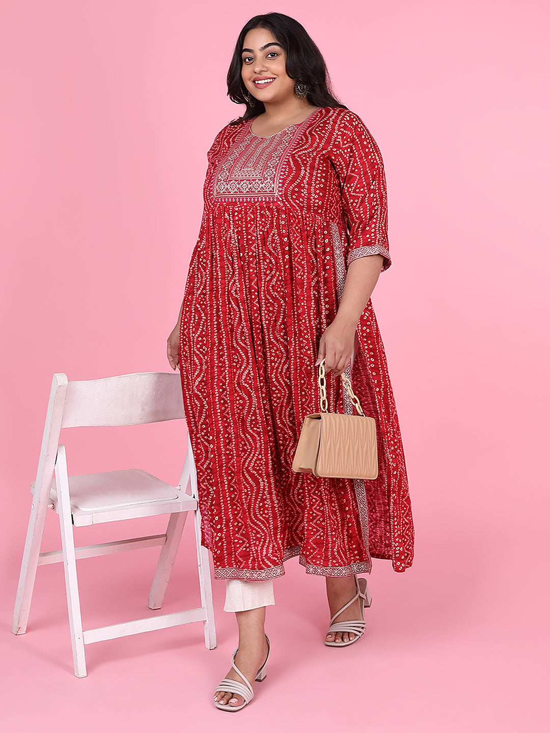 Women Red Bandhani A Line Kurta