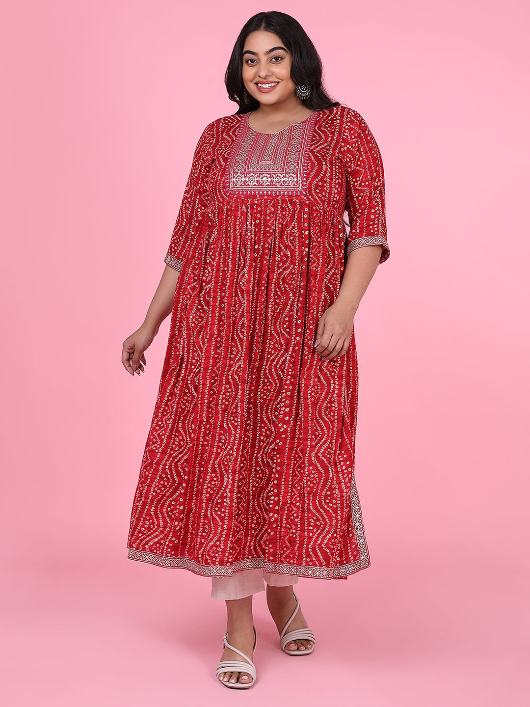 Women Red Bandhani A Line Kurta