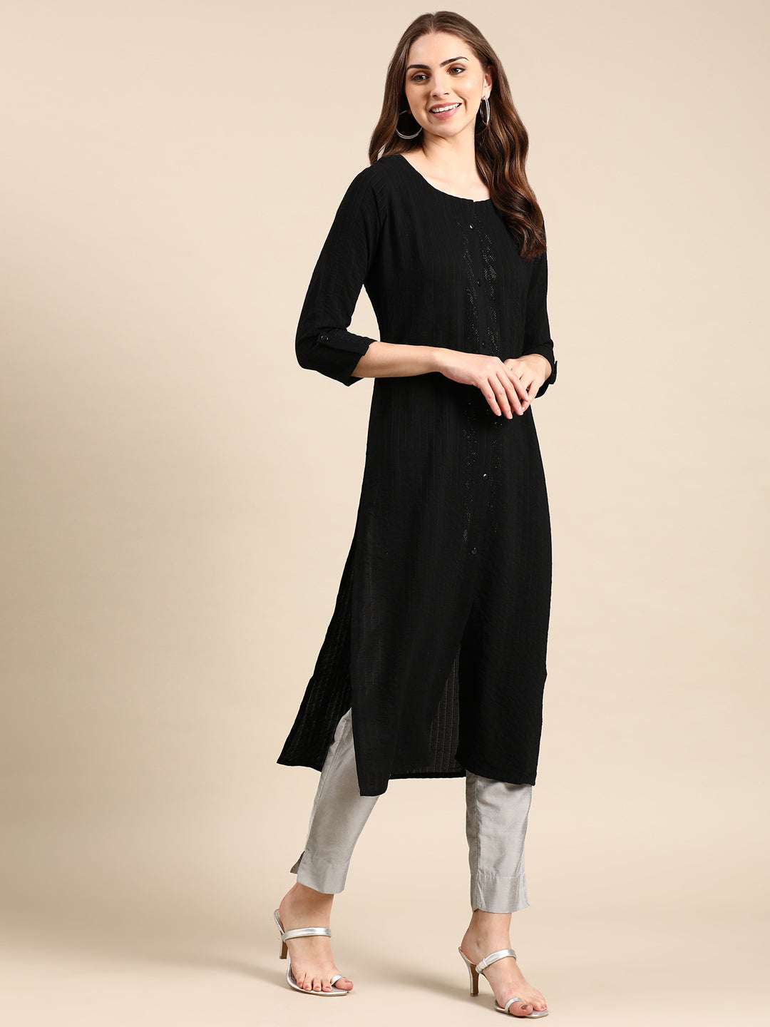 Women Scoop Neck Solid Black Straight Kurta