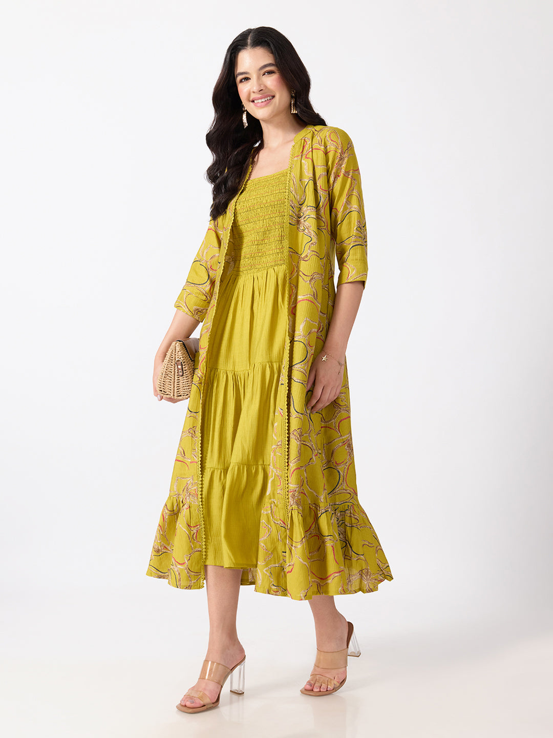 Women’s Floral Yellow Midi Dress with Smocked Bodice and Long Shrug