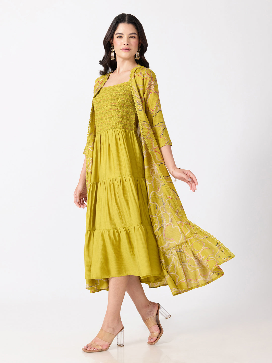 Women’s Floral Yellow Midi Dress with Smocked Bodice and Long Shrug