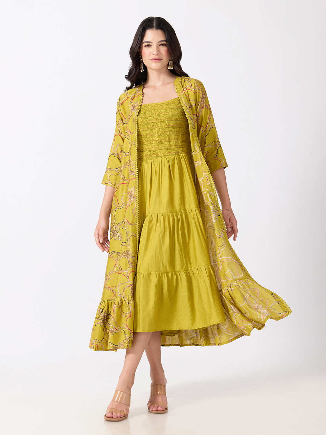Women’s Floral Yellow Midi Dress with Smocked Bodice and Long Shrug