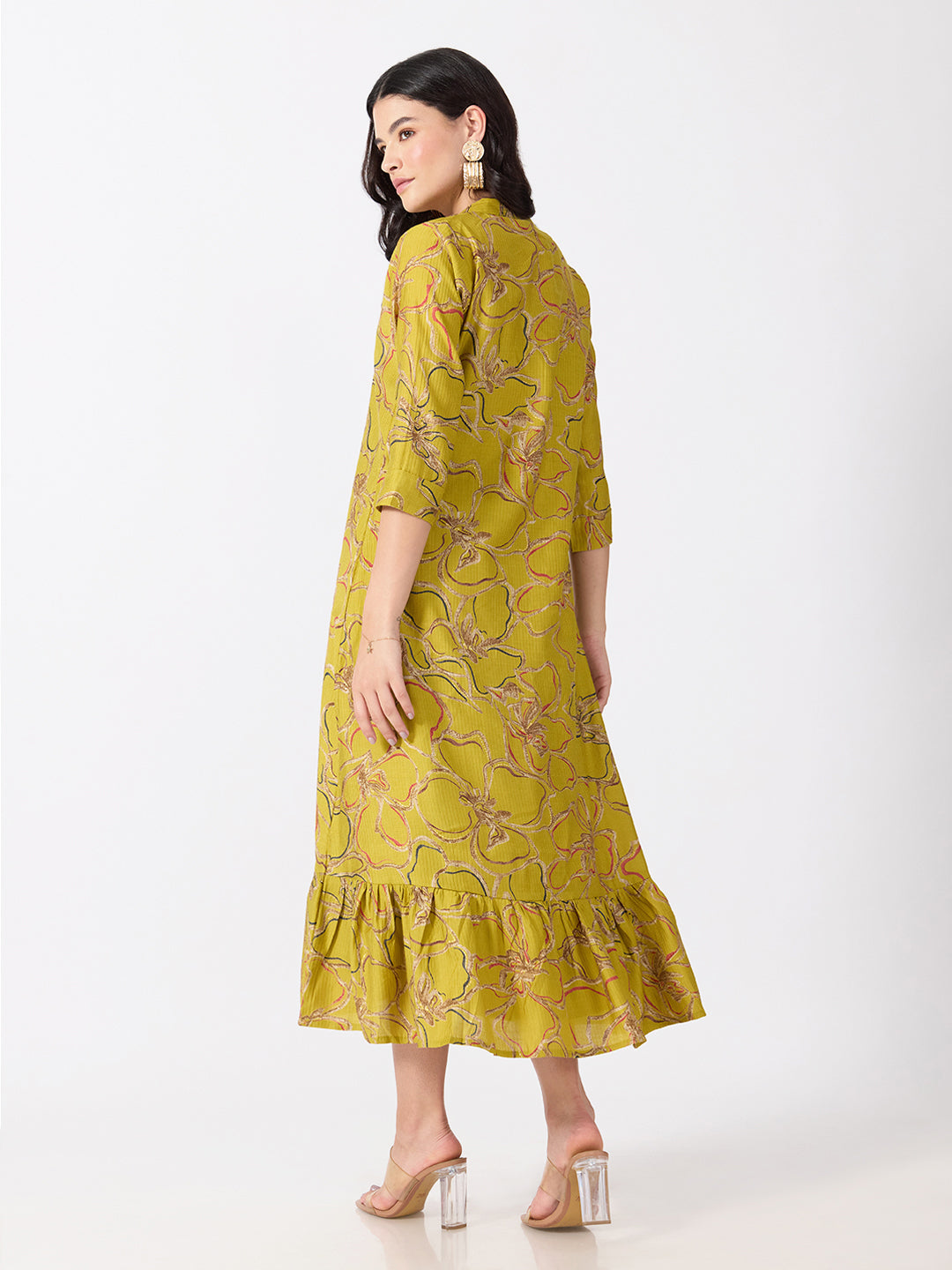 Women’s Floral Yellow Midi Dress with Smocked Bodice and Long Shrug
