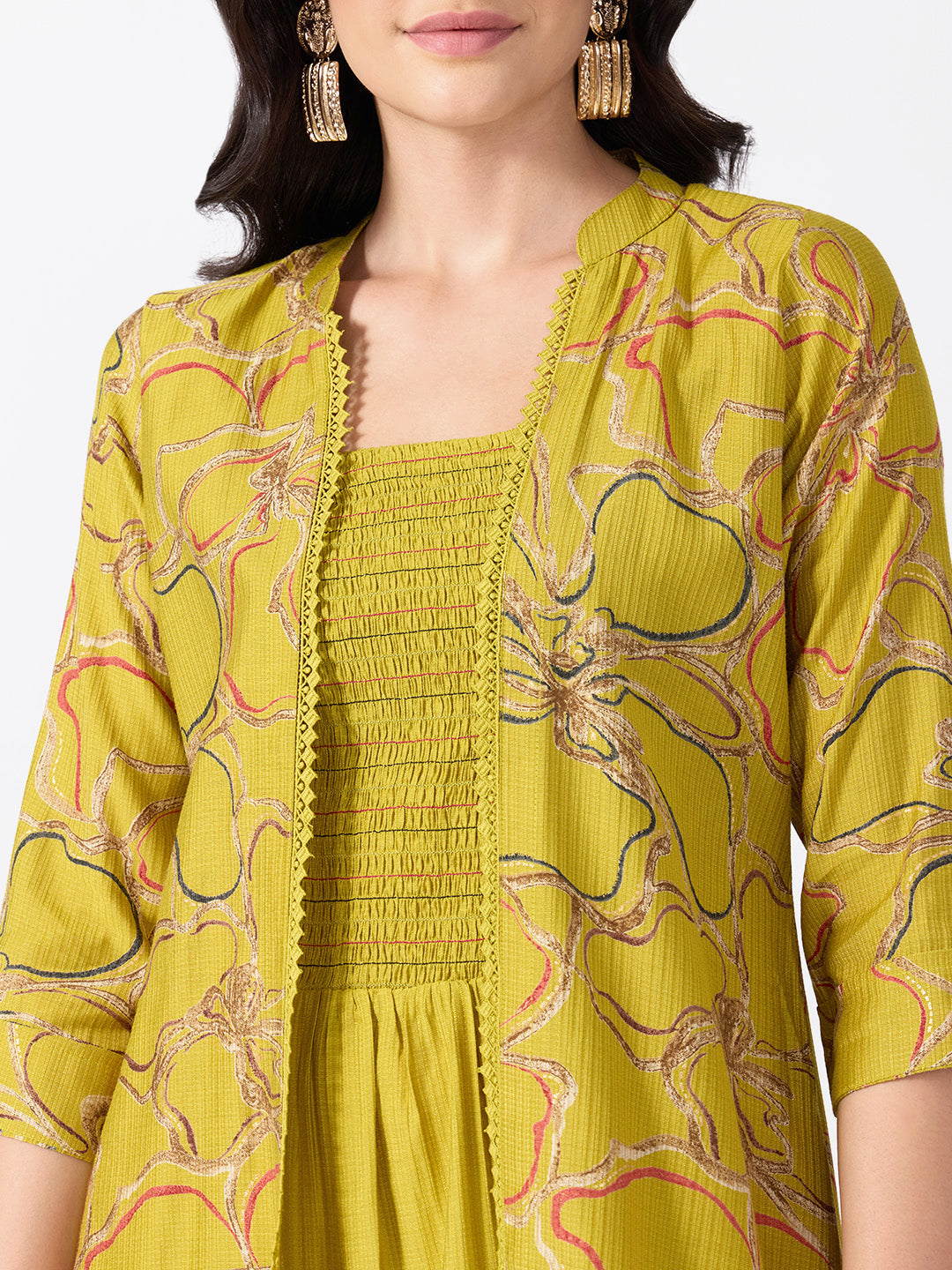 Women’s Floral Yellow Midi Dress with Smocked Bodice and Long Shrug