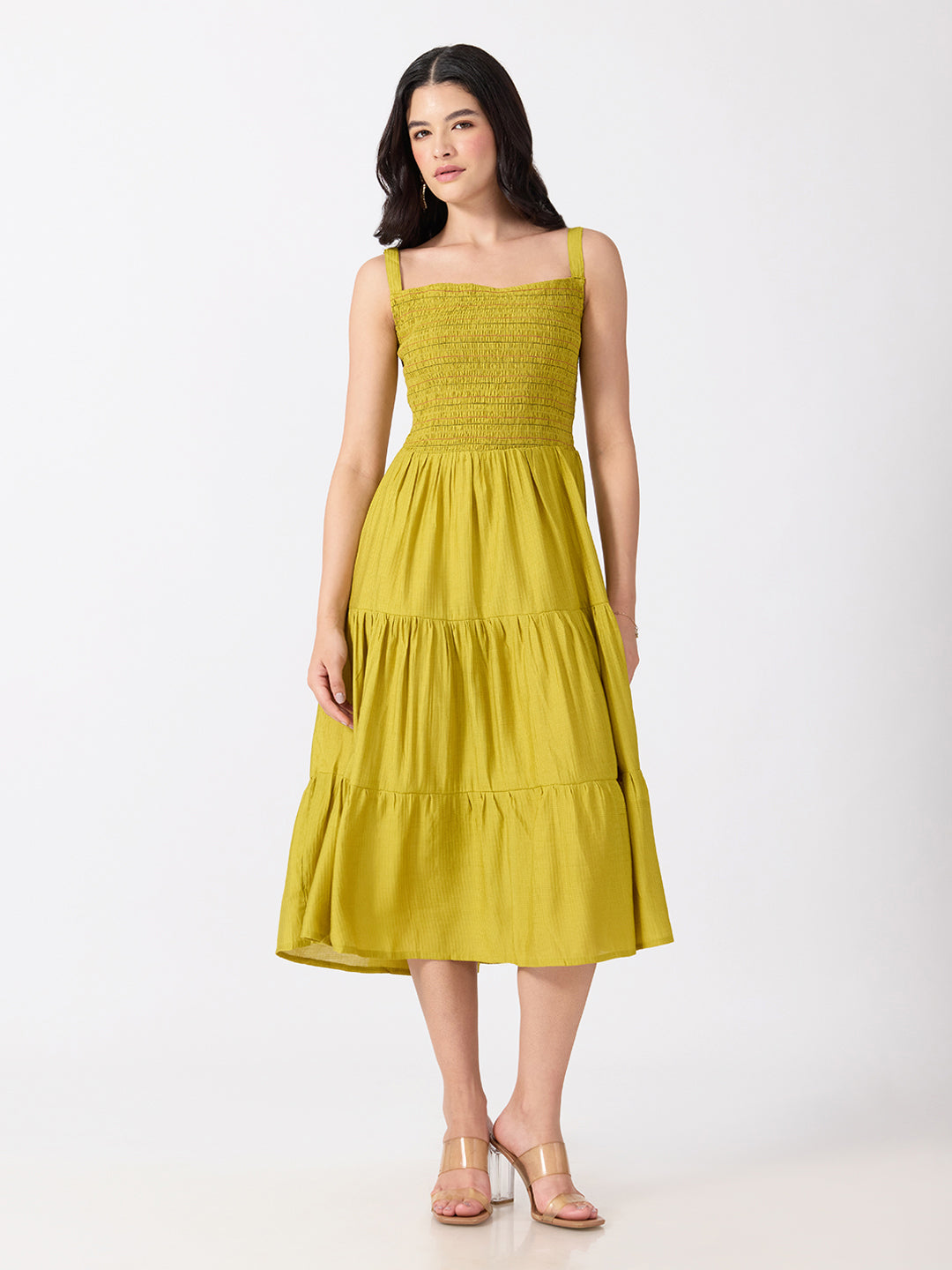 Women’s Floral Yellow Midi Dress with Smocked Bodice and Long Shrug