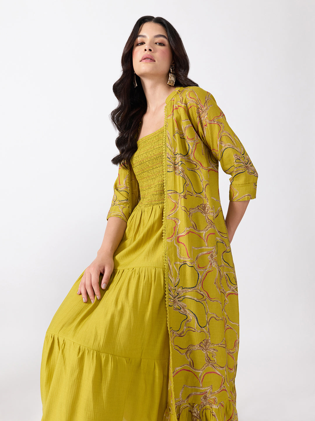 Women’s Floral Yellow Midi Dress with Smocked Bodice and Long Shrug