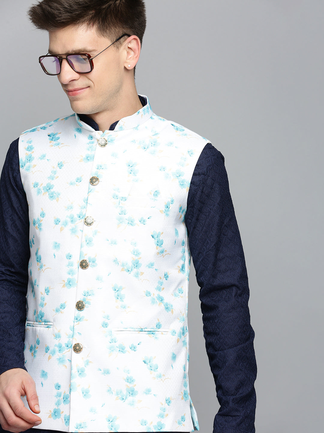 Men Mandarin Collar Printed White Nehru Jacket