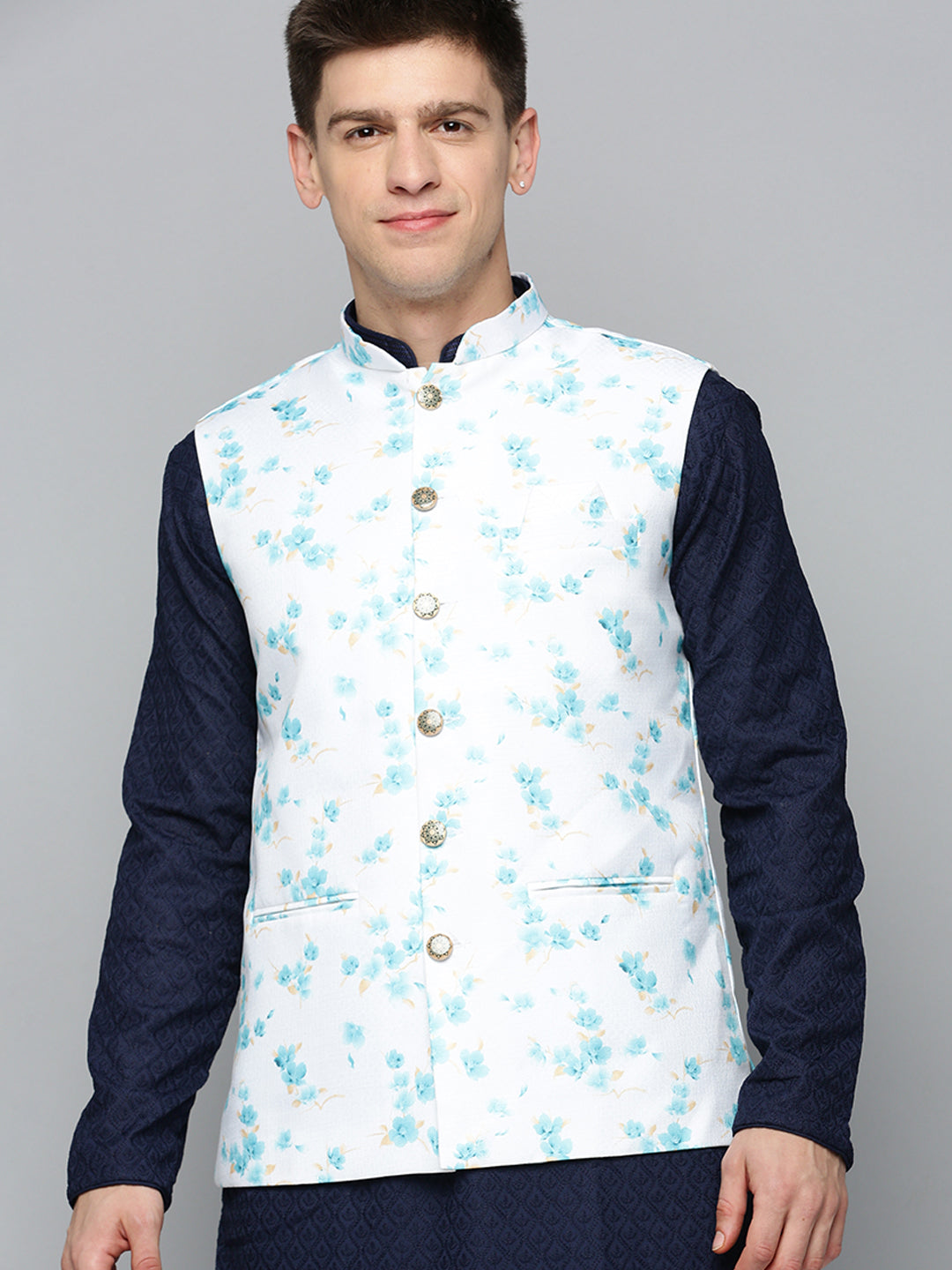 Men Mandarin Collar Printed White Nehru Jacket