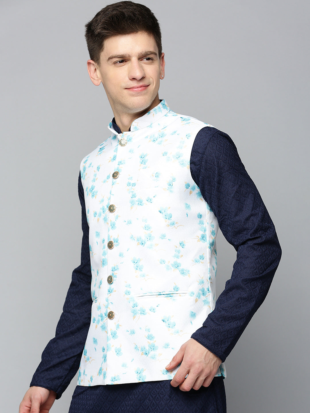 Men Mandarin Collar Printed White Nehru Jacket