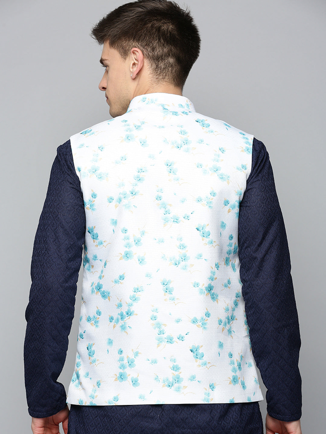 Men Mandarin Collar Printed White Nehru Jacket