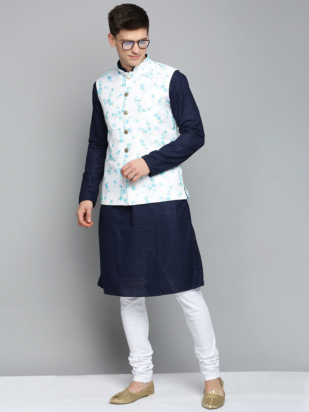 Men Mandarin Collar Printed White Nehru Jacket